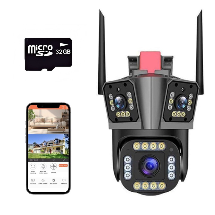 Camera de supraveghere tripla, Monitorizare panoramica, 12MP, Cu card SD 32G, Comunicare bidirectionala, Detectare umanoid AI, Vedere nocturna, Pana de curent disponibila, Culoare inteligenta, Impermeabil IP66, Alarma, Orber, Negru