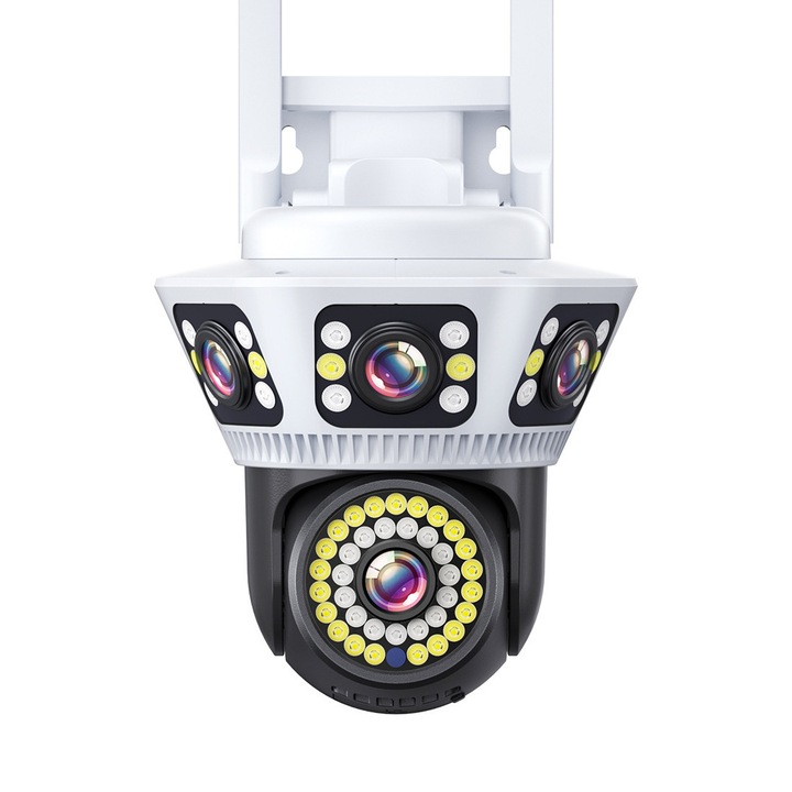 Camera de supraveghere tripla, 12MP, Comunicare bidirectionala, Rotatie bidirectionala, Detectare umanoid AI, Viziune pe timp de noapte la culoare, Pana de curent disponibila, Interfon vocal, IP66, Alarma in timp real, Orber, Alb