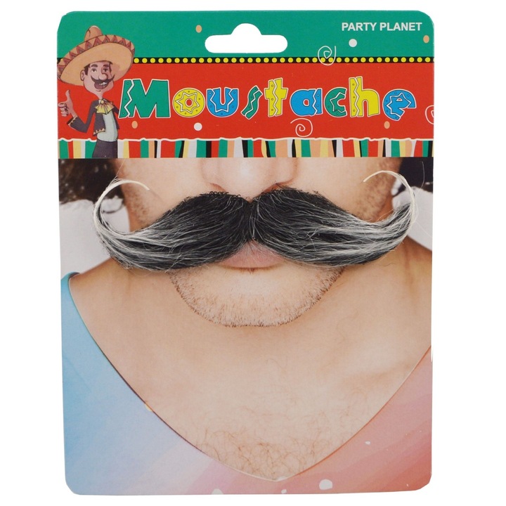 Hamis Bajusz Jelmezekhez, Leskihez, Tematikus Bulikhoz, Szövetből, Öntapadós, 13 x 4 cm, Szürke Modell 1, Fekete/Fehér