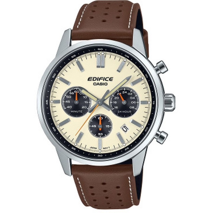 Часовник Casio EFR-575L-7AEF Edifice, аналогов, кварцов, жълт, 41 mm, кафява гривна от неръждаема стомана, водоустойчив 10 ATM