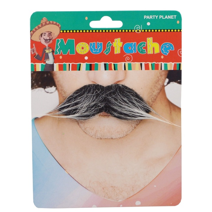 Hamis Bajusz Jelmezekhez, Leskihez, Tematikus Bulikhoz, Szövetből, Öntapadós, 13 x 3 cm, Szürke Mintás 2, Fekete/Fehér