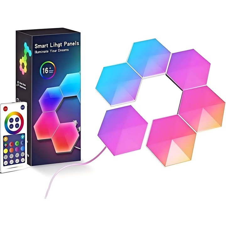 Kit de LED lumini de perete ambiental, 6 module smart, Bluetooth, Telecomanda, Hexagonal, Usor de instalat, Control vocal, Controlul aplicatiei, Sincronizare muzicala, Orber, Mmulticolor