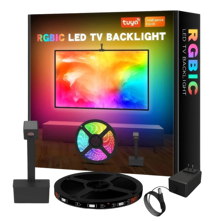 Banda LED Smart TV, 3.8m, 4 moduri, Control vocal, Control APP, Camera 1080P, Functia de sincronizare TV, 16 milioane de culori, Compatibil cu TV de 55-65 inch, RGB, Orber, Negru