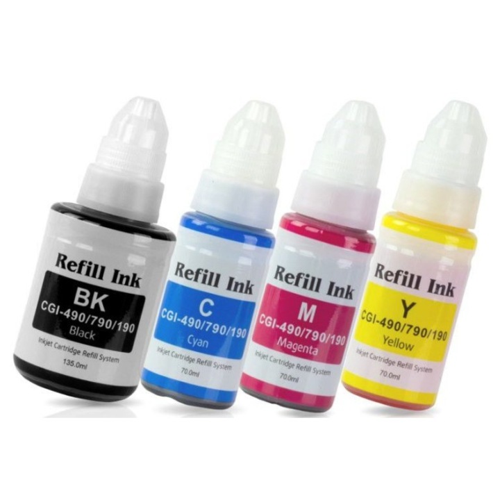 4 db tintapatron készlet: GI490, GI790 fekete, 135 ml GI490, GI790 kék, piros, sárga, 70 ml-es kompatibilis Canon Pixma G 1400, G2200, G3200, G3400, G3411#0663C01