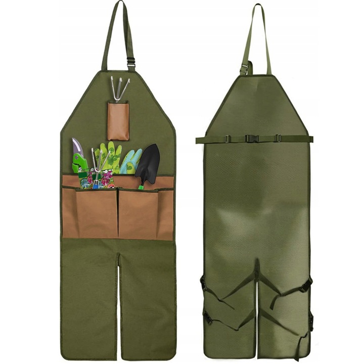 Градинарска престилка със защита за крака, Zola, множество джобове за инструменти, регулируемо затваряне презрамка, материал Оксфорд, 45 x 118 см, зелено