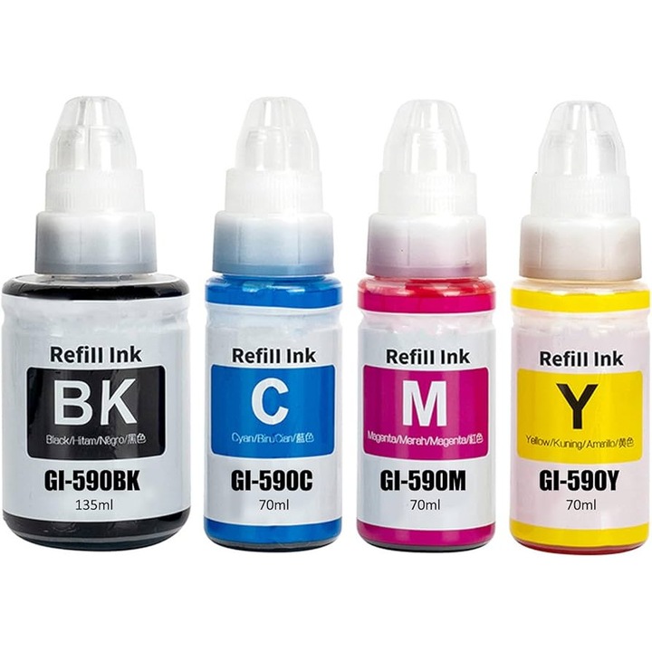 4 db tintapatron készlet GI590 fekete 135 ml GI590 kék, piros, sárga, 70 ml Kompatibilis Canon Pixma G 1500, G2500.G3500, G4400, G4500, Canon 1603C001