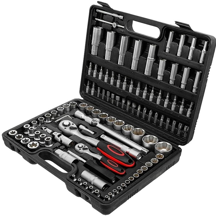 Set de chei cu ratchet, 108 piese, dimensiuni 1/2", 1/4", cutie de transport