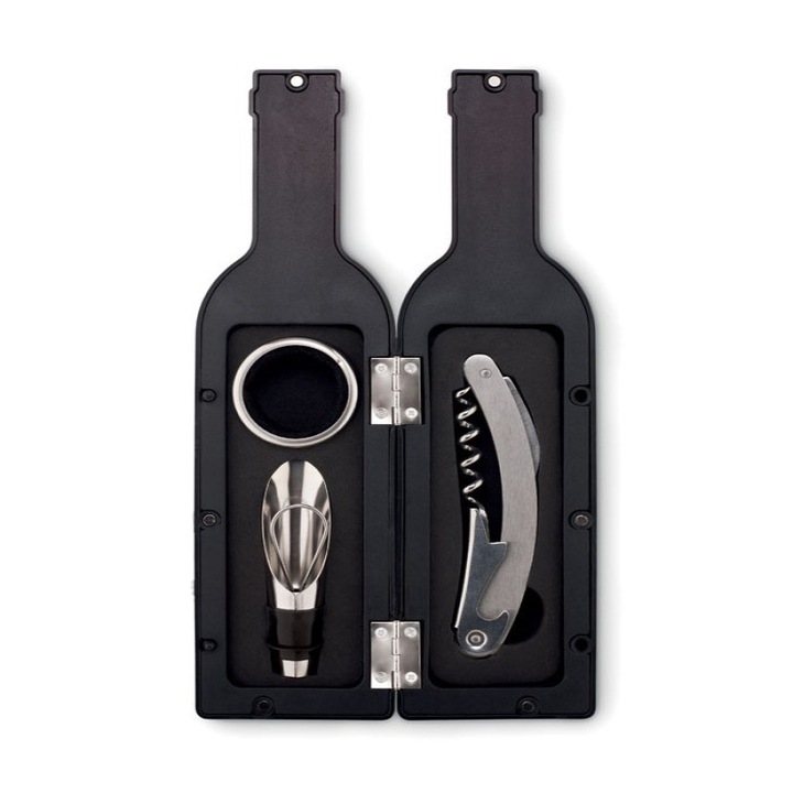 4 darabos boros kiegészítő készlet, palack alakú csomagolás, fém, 24x6 cm