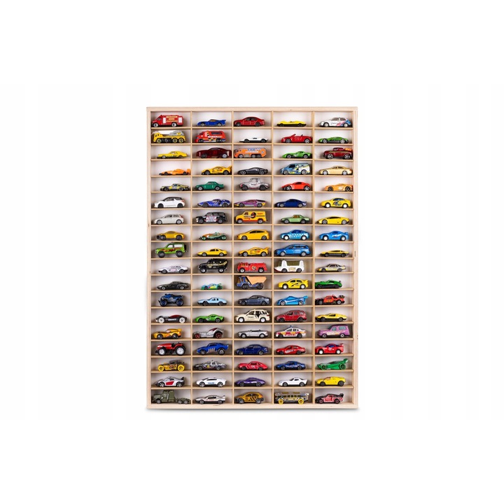 Raft vertical din lemn pentru masini Hot Wheels, 90 compartimente, natur, 71cm x 50cm