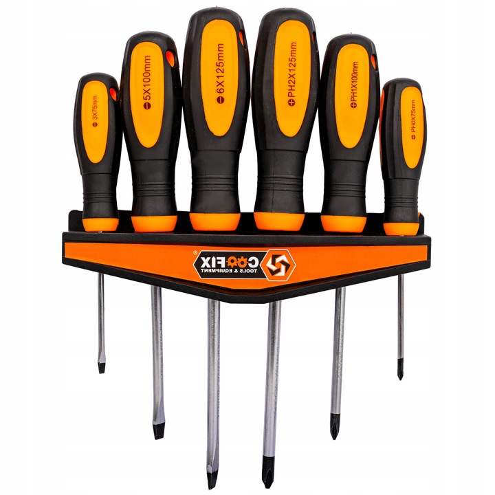 6 darabos mágneses csavarhúzó készlet, lapos és csillag fejű, 3-3 méretben, TPR fogantyú, csúszásmentes