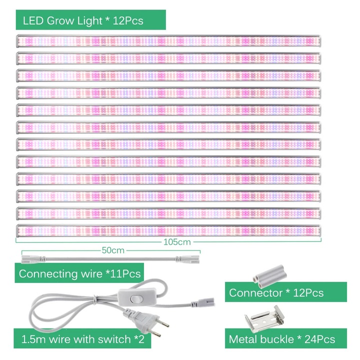 LED лампа за растения, Светлинна лента, Комплект от 12 броя, Пълен спектър 4000K 660/730/395nm, SMD2835, IP65, AC 100–265 V, За оранжерия и палатка