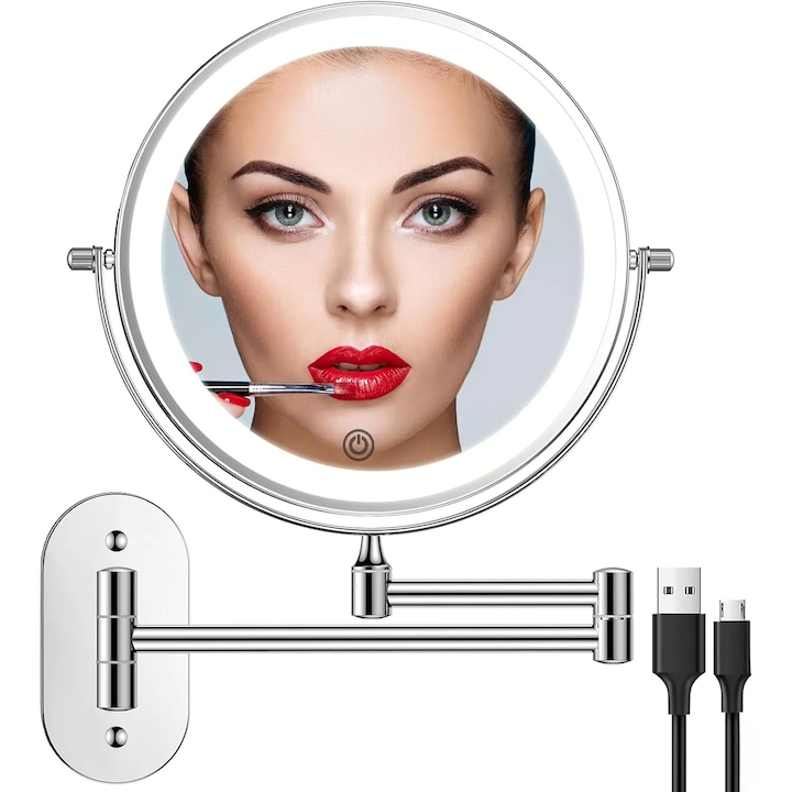 Oglinda Cosmetica Iluminata Led 360° Elindor® Brat Extensibil, Sistem Agatare pe Perete, Pliabila, Lumina Ajustabila, Efect de Marire Lupa 10x, Oglinzi Cosmetice pentru Coafor, Barbierit, Pensat, Vopsit, Tuns si Machiaj, Frizerie, Metalica, Argintie