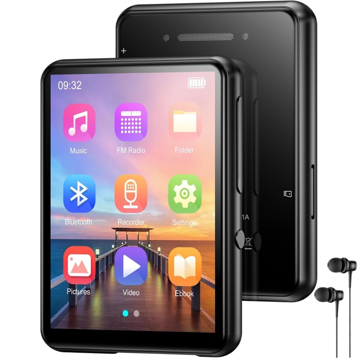 MP3 lejátszó érintőképernyővel, 2,4 hüvelykes képernyő, Bluetooth 5.3, 128 GB memória, SD kártya 128 GB-ig, hangszóró, HiFi hang, FM rádió, e-könyv olvasás, hangrögzítő, riasztó, naptár, hordozható, USB-C, fejhallgató mellékelve, fekete