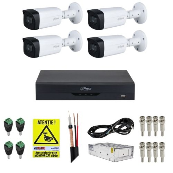 Felügyeleti készlet 4 kamera Dahua 5MP IR 80m Starlight 3, 6mm objektív, DVR 4 csatornás 4K 8MP WizSense, tartozékok