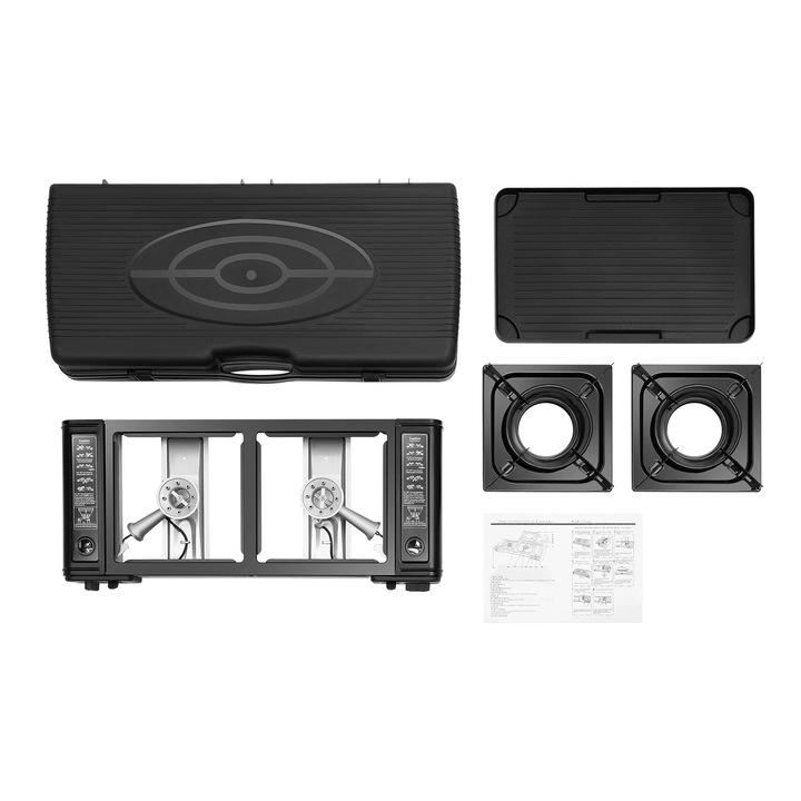 Aragaz camping pe gaz, aragaz portabil cu 2 arzatoare, 2‑in‑1 cu tava de copt si husa de transport, Aprindere manuala, Aliaj de aluminiu, Butan/GPL, Negru