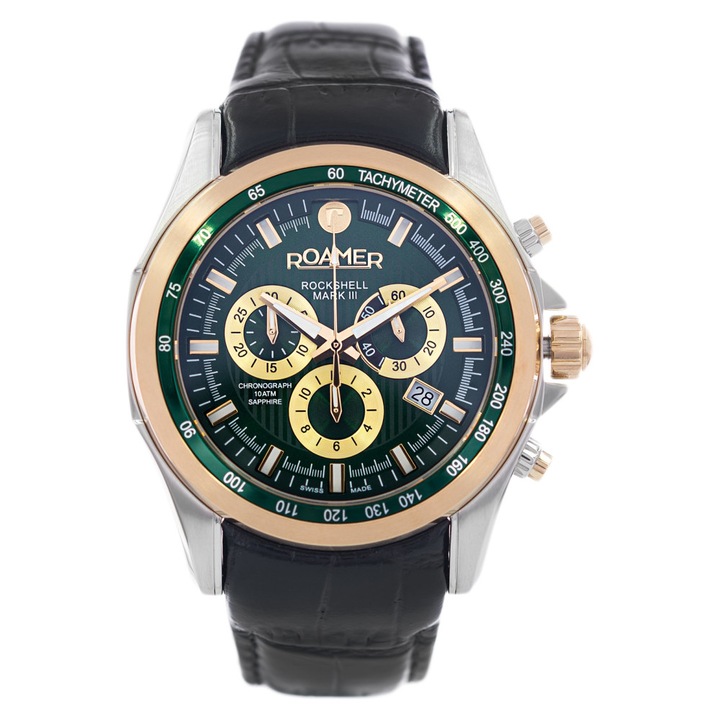 Ceas barbati Roamer Rockshell Mark III Chrono 44mm, cu cronograf si data, bratara din piele, multicolor