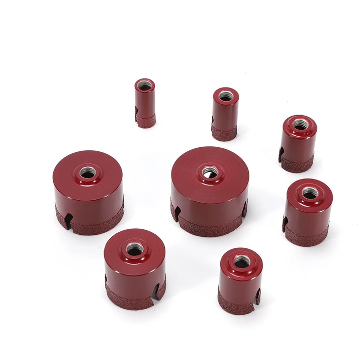 Set carote diamantate, M14, 8 piese, 20–68 mm, pentru beton, gresie si faianta, cu cutie de depozitare, rosu