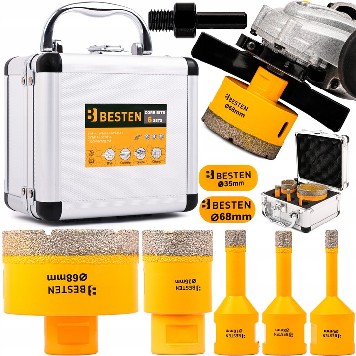 Комплект диамантени боркорони за плочки, 6x8x10x35x68mm, M14, с адаптер, BESTEN