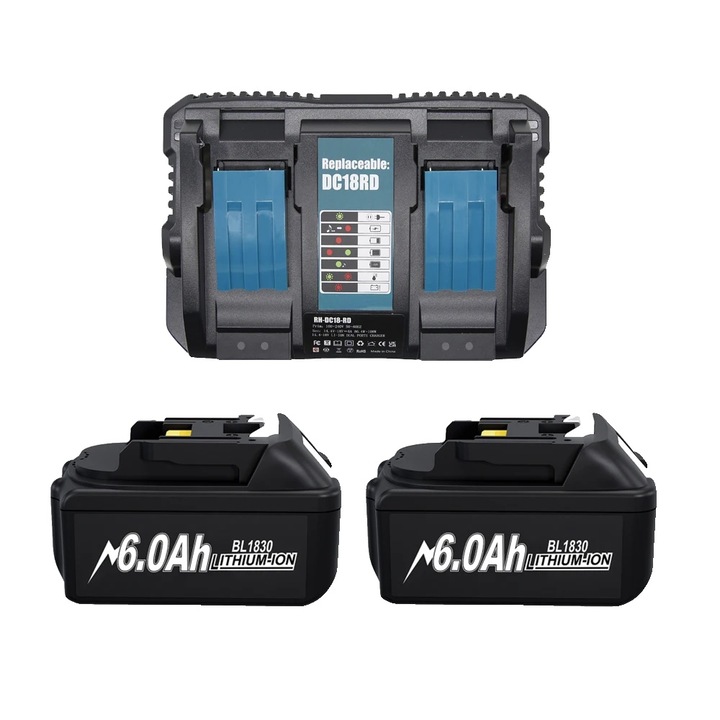 Set 2 Baterii Li-Ion 6.0Ah cu Incarcator Dual, 18V