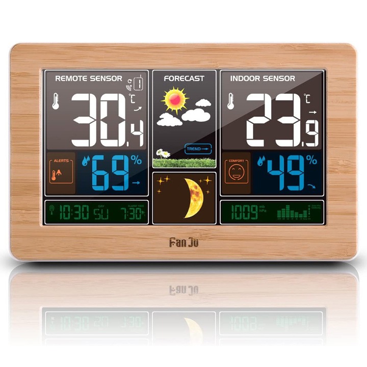 Statie Meteo Digitala AMRINUGL, Display Colorat cu Iluminare Ajustabila, Termometru Interior si Exterior, Bej