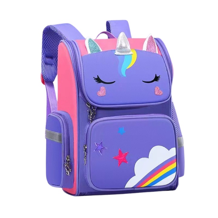 Ghiozdan Scolar Violet cu Unicorn, Aida HER, Ergonomic, Compartimente Multiple, Benzi Reflectorizante, Prindere la Piept, 41x27x14 cm