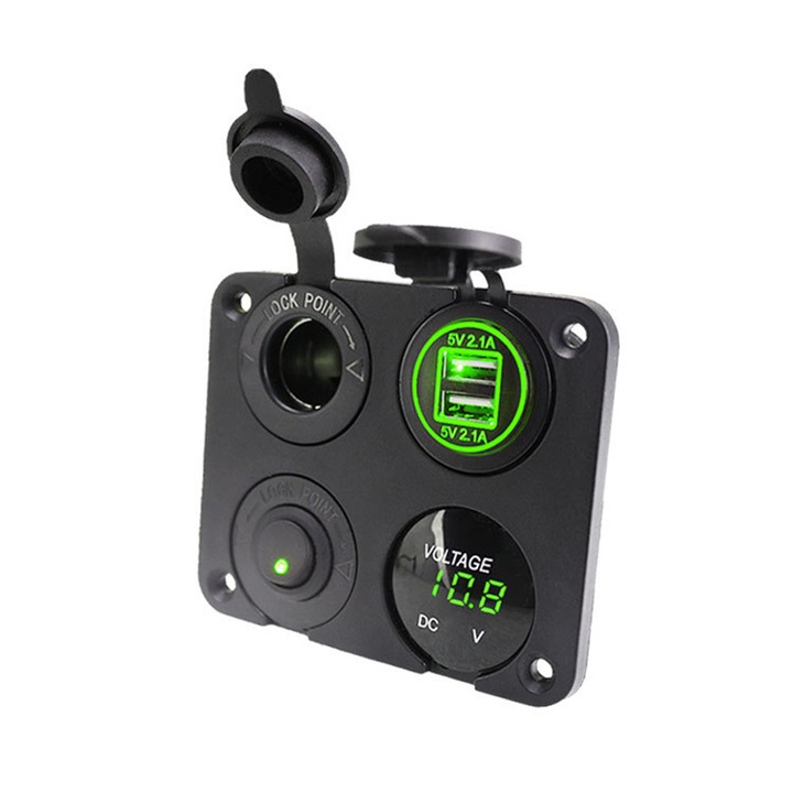 TNEAYWHE 12 V-os konnektorpanel, 4 az 1-ben szett, dupla USB QC 3.0 gyorstöltő, szivargyújtó aljzat, LED voltmérő, vízálló