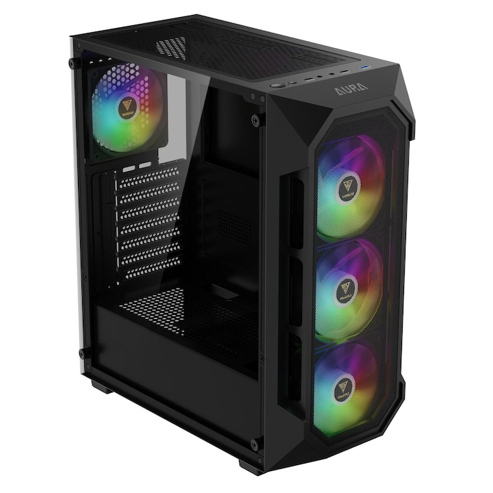 Компютърна кутия Gamdias Aura GC1 Elite aRGB, SPCC & ABS & закалено стъкло, Mid Tower, без захранване, 4 120 mm ARGB вентилатора са включени, черен