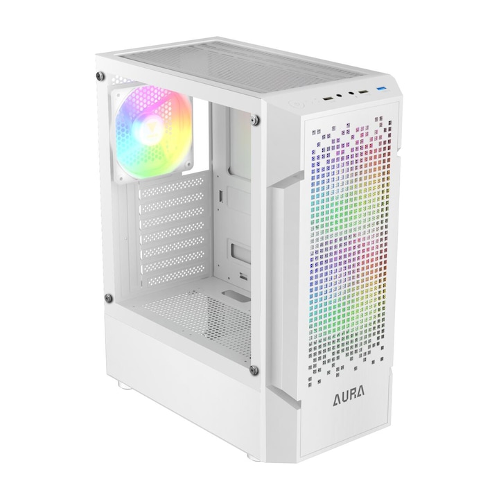 Компютърна кутия Gamdias Aura GC7 aRGB, PCC & ABS & закалено стъкло, Mid Tower, без захранване, 3 x 120 mm ARGB вентилатори включени, бял