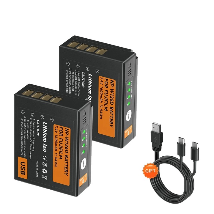 Set 2 Baterii 1600mAh cu Incarcare USB-C pentru Camere Fujifilm X si HS