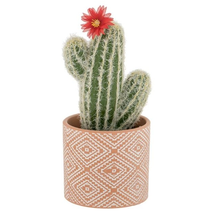 Ghiveci Ceramic cu Planta Artificiala Cactus cu Floare Rosie 25cm