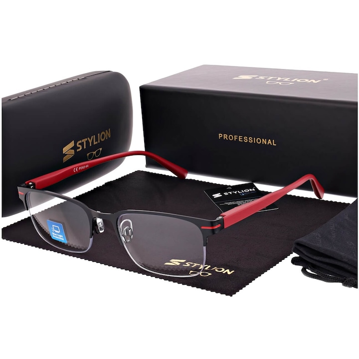 Ochelari de vedere, STL281, cu filtru Blue Light si Antyrefleks, negru/rosu, set complet cu accesorii