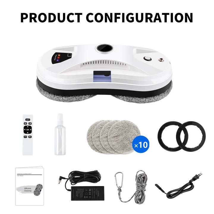 Robot de curatat geamuri, model YTK334, aspirare cu vacuum, pulverizare simpla cu apa, telecomanda, priza EU 100–240 V, 10 lavete de curatare