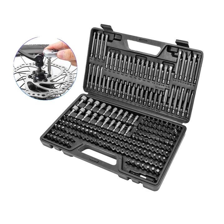 Set de biti pentru surubelnita, 208 piese, diverse dimensiuni si tipuri, otel crom-vanadiu