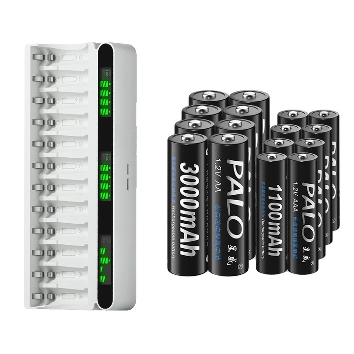Set baterii reincarcabile AA 3000mAh, 16 bucati, cu incarcator si cabluri USB