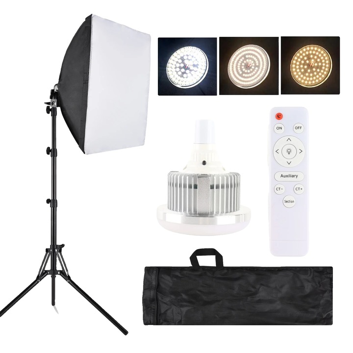 Kit de iluminare pentru fotografie, 85W LED bi-color, softbox 40x40cm, suport ajustabil 1.7m, cu telecomanda