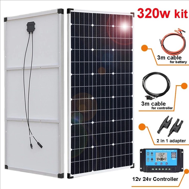 Panou solar, 320W, set 2 bucati, eficienta ridicata, rezistent la intemperii, 1140x530x25mm