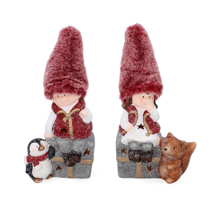 Karácsonyi figura, Chomik, fiú és lány rókával és pingvinnel, 19,5 cm
