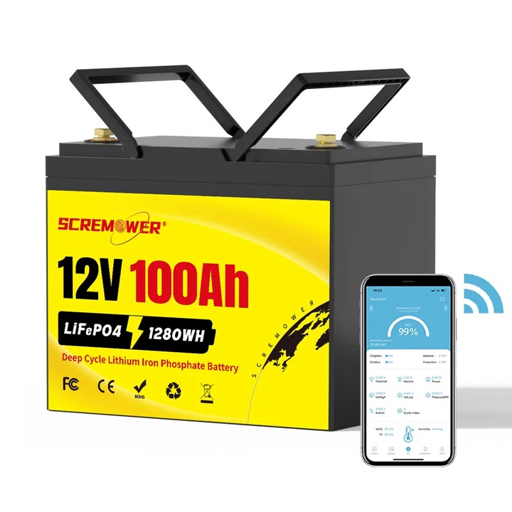 Baterie litiu fosfat 12V 100Ah, capacitate 1280Wh, dimensiuni 260x168x215mm