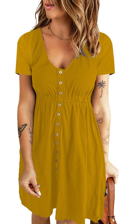 Rochie casual galbena cu decolteu in V si nasturi, din poliester, L INTL