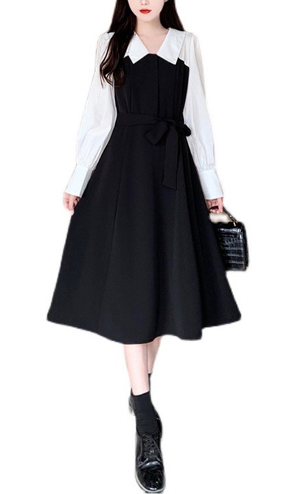 Ежедневна рокля с дълги ръкави, висока талия, полиестер, бяло/черно, M INTL