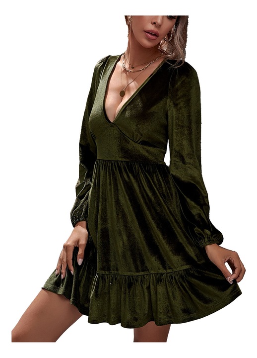 Rochie casual, poliester, decolteu adanc in V, maneci lungi, verde inchis, L INTL
