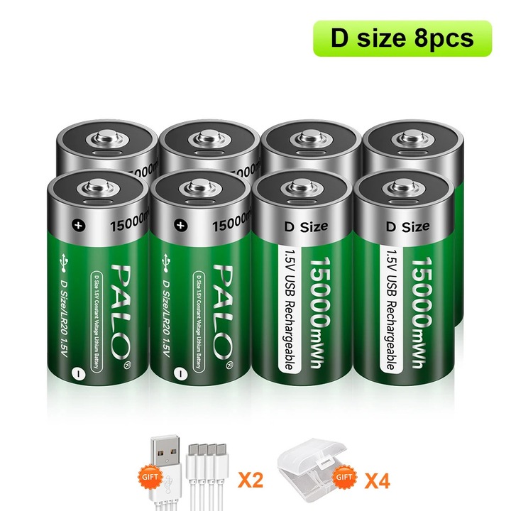 Set 8 baterii D, 1.5V, capacitate 15000mWh, incarcare USB Type-C, certificat CE