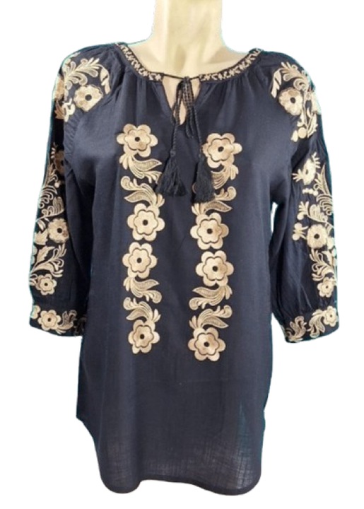 Ie Dama, Maneca 3/4, Bumbac, Model Traditional, Broderie Bej, Negru/Bej