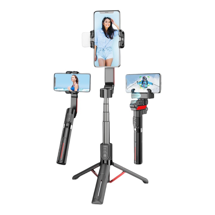Gimbal за мобилна фотография, статив, 70 CM, AI проследяване на лицето, сгъваем, интелигентен анти-шейк, 2 магнитни светлини, Bluetooth дистанционно управление, червено