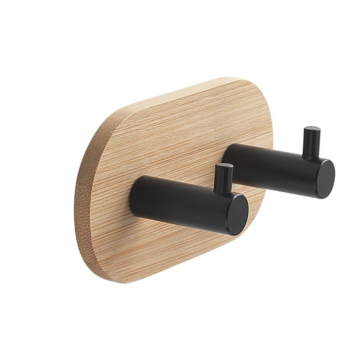 Двойна самозалепваща се подложка Gedy, серия BAMBOOM, 100x50x38 мм, черна/бамбук, капацитет 6 кг, комплект от 1 брой.