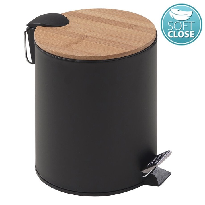 Кошче за боклук Gedy, 5 л, плавно затваряне, черно/бамбук, 205x266x260 мм