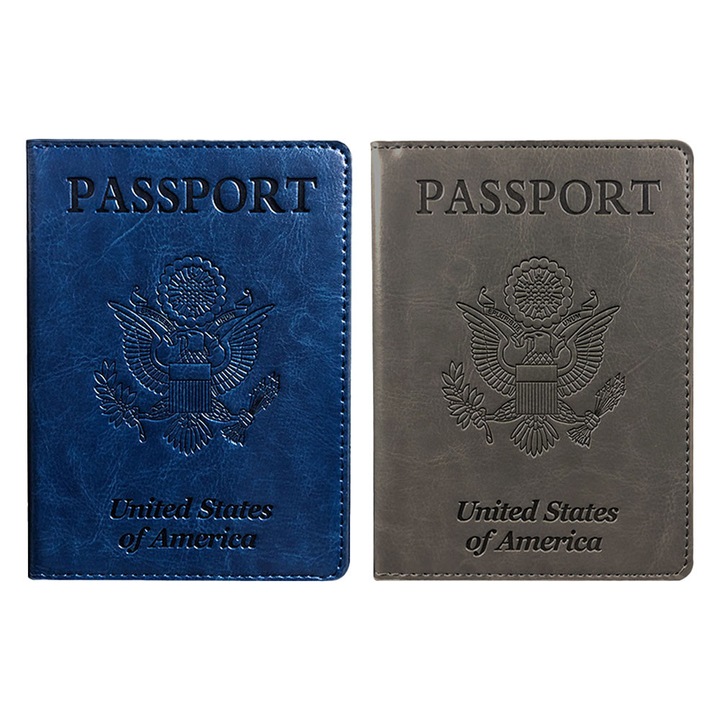 Set 2 Suporturi pasaport si card de vaccinare, Cozevdnt, Piele PU, 14x10.5cm, Albastru inchis/Gri inchis