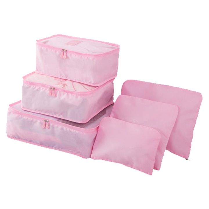 Set de organizatoare de bagaje, Fokelyi, 6 piese, roz, 50x70cm