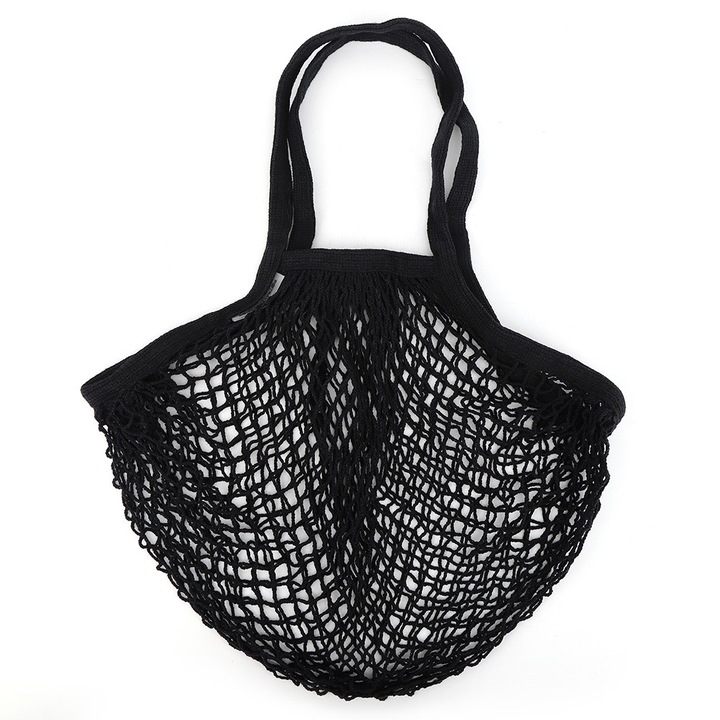 Geanta de cumparaturi din plasa de bumbac, Zeaicos, bej/negru, 29x36cm, reutilizabila
