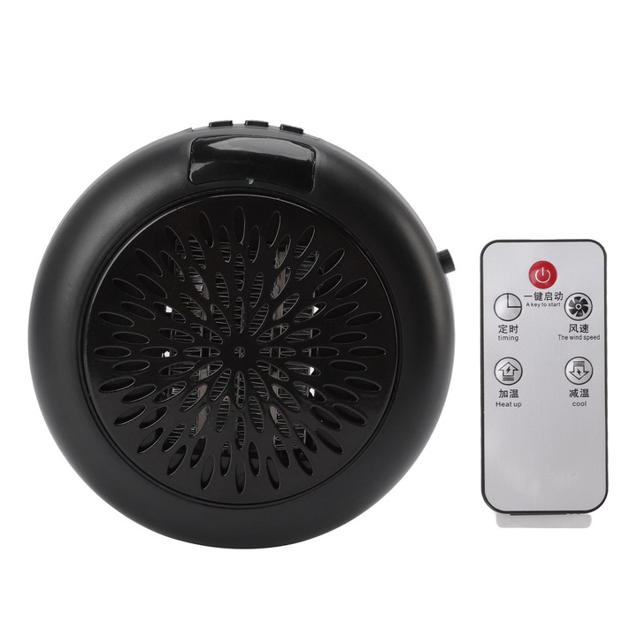 Mini fekete elektromos hősugárzó, gyors fűtés, 900W, 110-240V, forgatható dugó, kompakt
